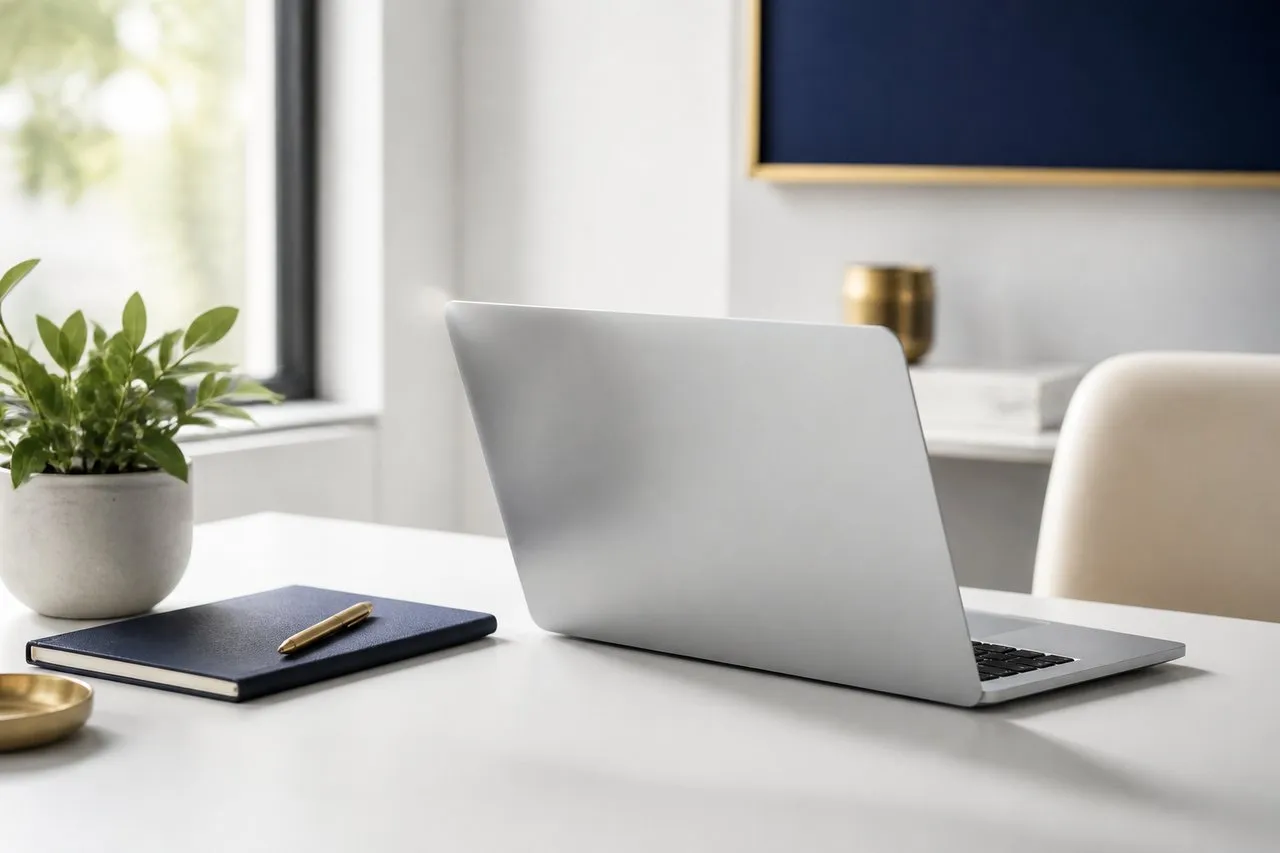 Srebrny laptop na białym biurku obok granatowego notesu